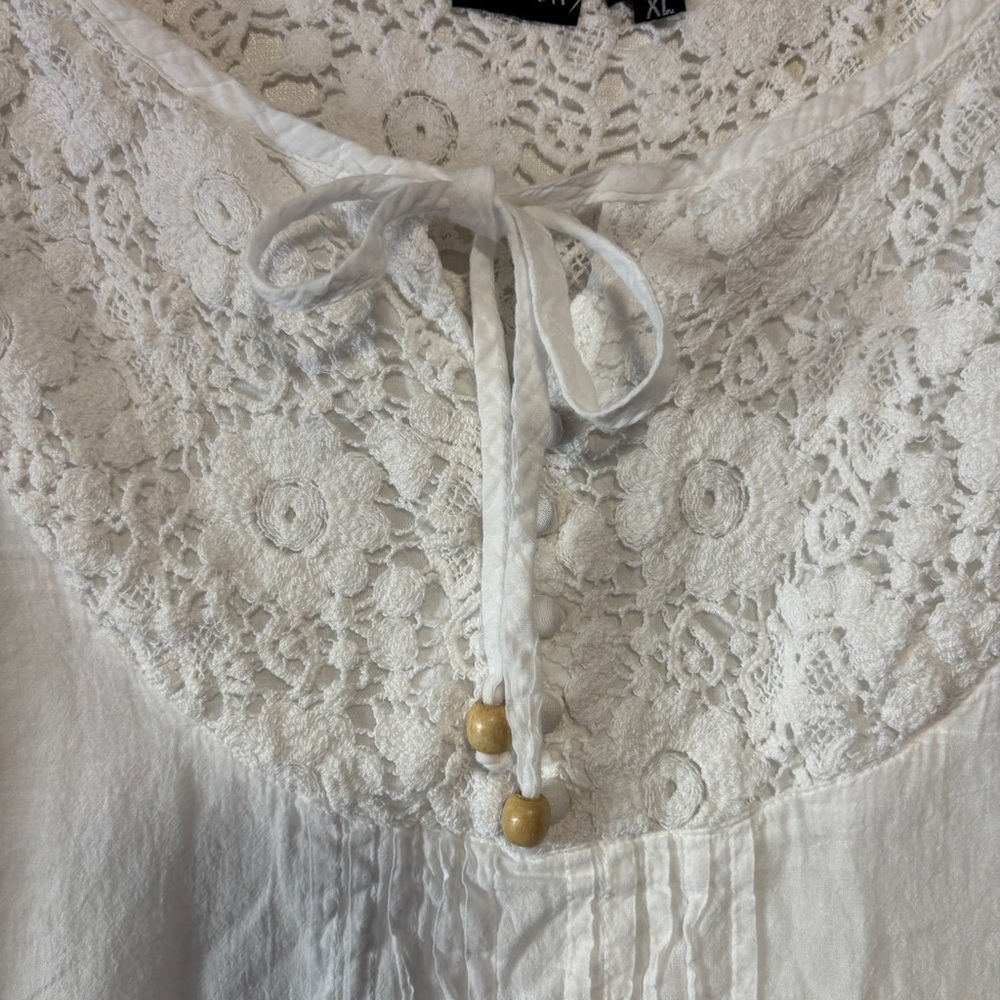 S.R. Fashion Crochet lace white top 3/4 sleeves 100% cotton crinkle fabric beach - Picture 4 of 12